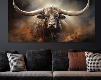 Majestic Bull Canvas Wall Art – Powerful Horned Animal Portrait in Fiery Tones, Framed or Rolled for Rustic or Western Decor