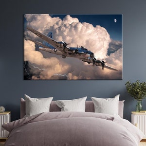 WWII Bomber Airplane Canvas Wall Art – B-17 Flying Fortress in Storm Clouds – Aviation History Military Aircraft Print Rolled or Framed