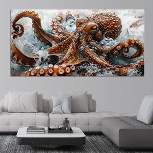 Octopus Canvas Wall Art – Dramatic Ocean Tentacle Painting – Realistic Sea Animal Print, Rolled or Framed, Fantasy Art, Nautical Wall Art