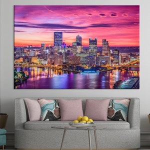 Pittsburgh Skyline at Sunset – Vibrant Cityscape Canvas Print, Rolled or Stretched Wall Art, Colorful Sunset Print