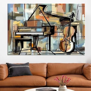 Abstract Music Canvas Wall Art – Modern Painting of Piano and Violin | Contemporary Music Room Decor | Rolled or Framed