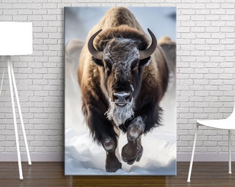 Running Buffalo in a snowy field Canvas Art print Animal wall art Bisons painting Rustic Farmhouse wall decor