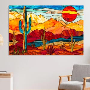 Stained Glass Desert Landscape – Cactus Sunset Wall Art – Аrizona Landscape Print – Vibrant Southwestern Nature Scene, Colorful Home Decor