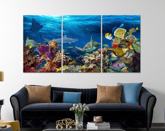 Сorals reef wall art Underwater life canvas print Fish canvas art Sea Turtle Ocean canvas Colorful painting Home Office wall decor