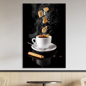 Coffee Art Print on Canvas, Cup with Falling Cookies, Modern Kitchen Wall Art, Coffee Decor for Home or Cafe