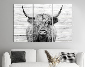 Scottish Cow wall art, Highland Cow canvas, Farmhouse decor, Black And White print, Rustic wall decor