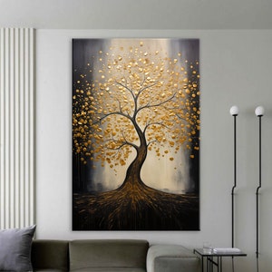 Golden Tree of Life Abstract Wall Art Print, Elegant Metallic Botanical Painting Poster, Modern Nature Inspired Home Decor