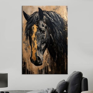 Black Horse Canvas Art Print Animal Wall Afr Horse Painting Rustic Farmhouse Wall Decor Horse Lover Gift