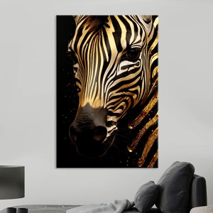 Gold-striped Zebra Canvas Print Large Animal Portrait Canvas Wall Art Safari Wall Decor African Painting Poster Animals Lover Gift