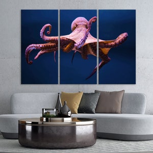 Mesmerizing Octopus Wall Art – Deep Sea Marine Animal Print on Rolled or Framed Canvas, Realistic Underwater Ocean Creature Artwork