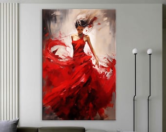 Woman in Red Dress Abstract Canvas Art, Elegant Dance Print, Modern Wall Decor, Contemporary Style Painting, Fashion Wall Art for Home Decor