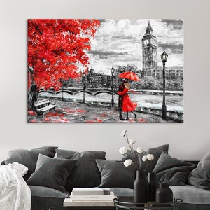 London Canvas Art Print Couple in love painting Big Ben wall art Red Umbrella print London wall art