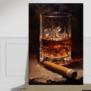 Whiskey Glass and Cigar Canvas Print Rolled or Framed Masculine Bar Wall Art for Lounge Office or Man Cave Decor