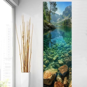 Large Vertical Mountain Lake Wall Art – Crystal Clear Water Canvas – Long Nature Landscape Print – Tranquil Scenic Wall Decor