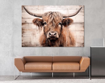 Highland Cow Wall Art Print – Rustic Modern Farmhouse Animal Decor – Shaggy Bull Portrait on Wooden Plank Background – Canvas or Poster