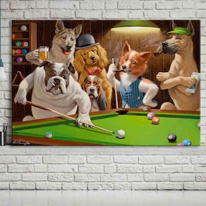 Dogs playing pool canvas print, Game room decor, Billiards gifts, Dog wall art, Gift for him