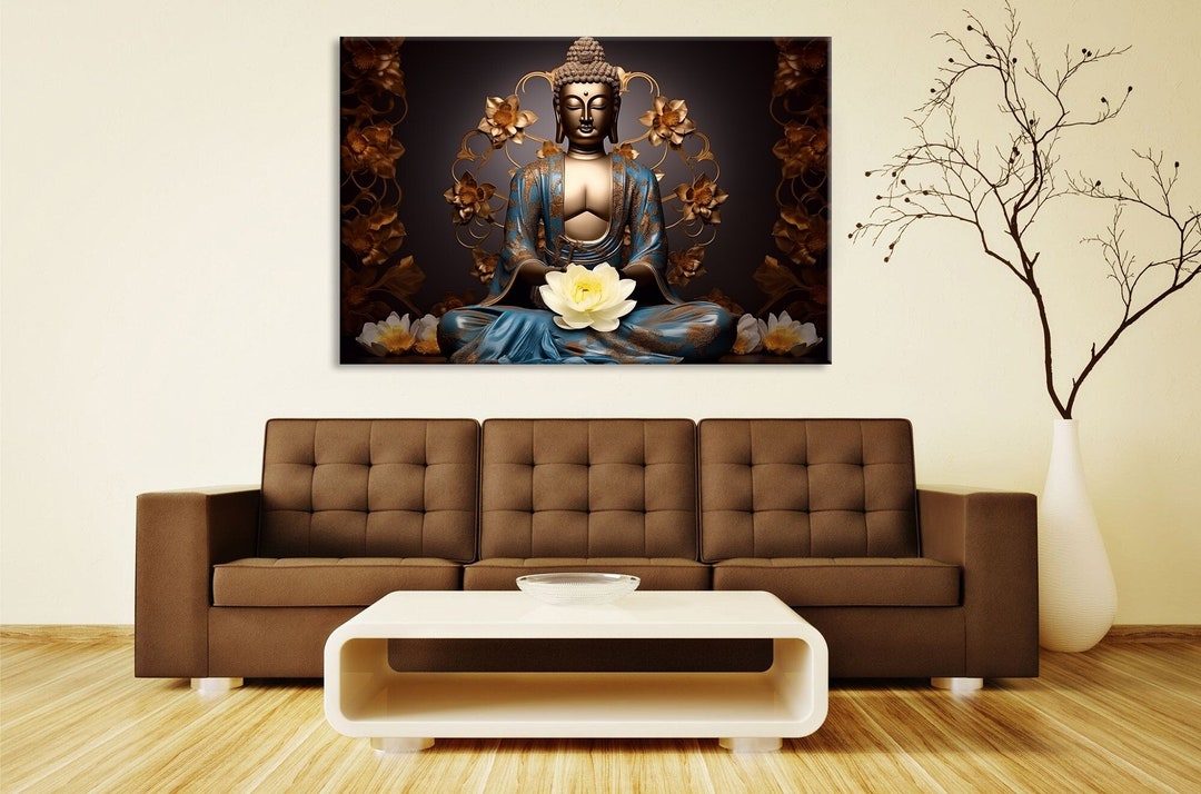 Golden Buddha With Flowers Canvas Print Zen Wall Art Yoga Studio Decor ...
