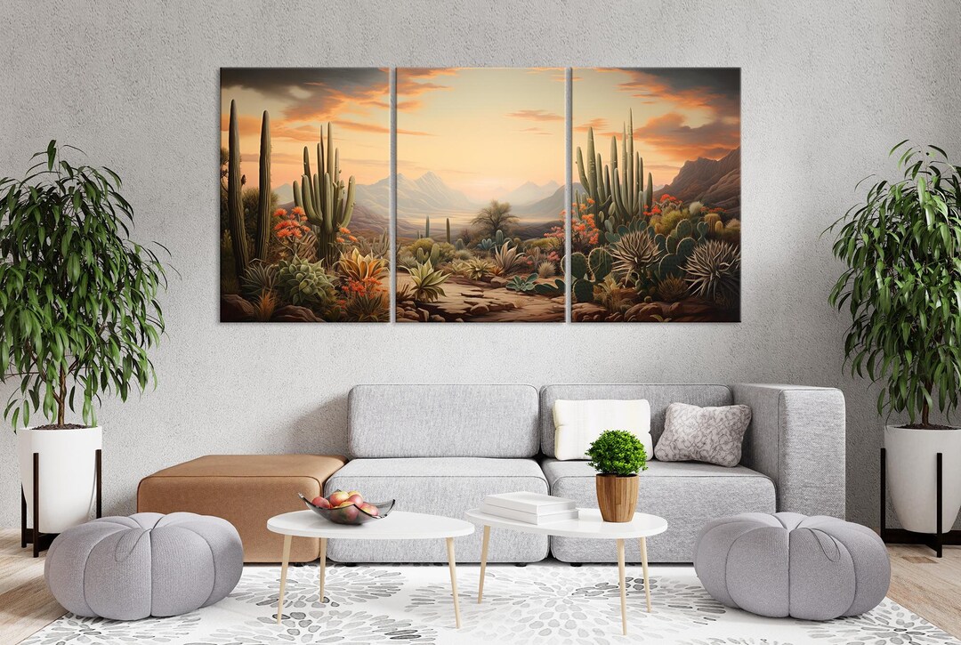 Desert Landscape Wall Art – Cactus and Succulent Sunset Scene With ...
