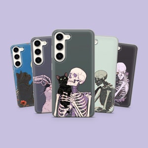 Gruselige Schwarze Katze Handyhülle Skelett Cover für Samsung Galaxy S24Ultra,S23FE, S22, A15,A35, A54, A55, A05s, iPhone 15,14, 13,12, Pixel 8,7A