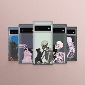 Custodia per telefono con motivo a gatto gotico, motivo a teschio emo, per Google Pixel 8, 8Pro, 7Pro, 7A, 6A, Samsung S24, S23, A15, A55, A35, iPhone 15Pro, 14, 13Pro, 12