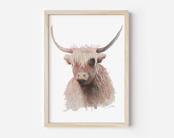 Highland Cow Painting From Original Watercolor, Fine Art Giclée Print, Animal Art, Minimalistic Art, Watercolor Art