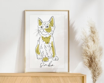 Op de afbeelding: Een lijntekening van een gele en witte kat die zit met zijn hoofd omhoog gekanteld. De naam van de kat, "Simba", staat onder de afbeelding.