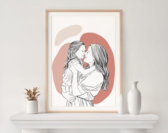Custom Family Portrait, Minimalist One Line Art, Birthday Gift for Mom
