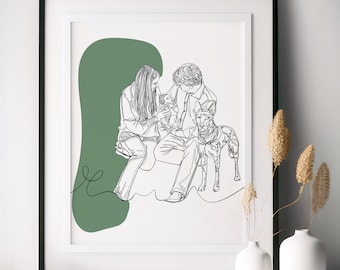 Disegno di linea familiare personalizzato con animale domestico, linea artistica, ritratto di cartone animato da foto, regalo personalizzato per la famiglia