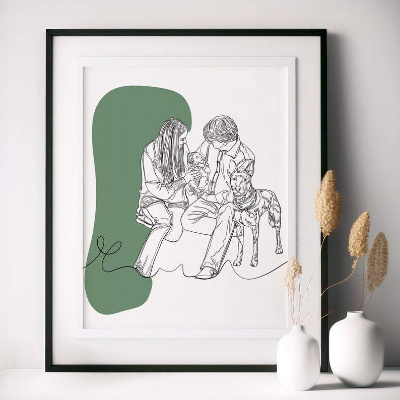 Custom Family Line Drawing With Pet, Line Art, Cartoon Portrait From Photo, Personalized Gift For Family image 1