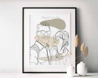 Dessin au trait familial personnalisé, cadeau d'anniversaire pour elle, dessin au trait personnalisé, cadeau de fiançailles personnalisé