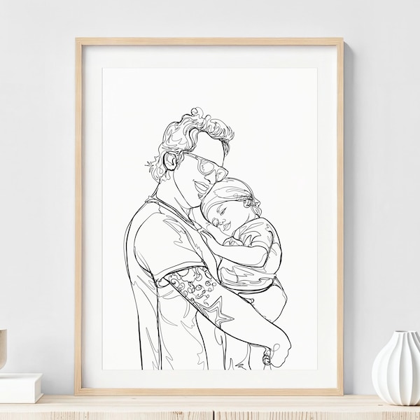 Custom Family Line Portrait From Photo: Personalized Fathers Day Gift, Hand Drawn