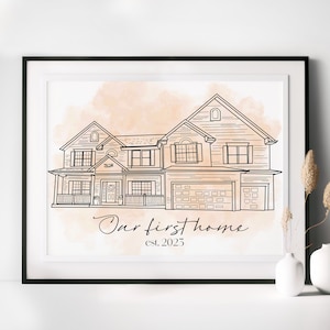 Gepersonaliseerde huislijntekening - portret aangepast huis - gepersonaliseerd eerste huiscadeau / housewarmingcadeau