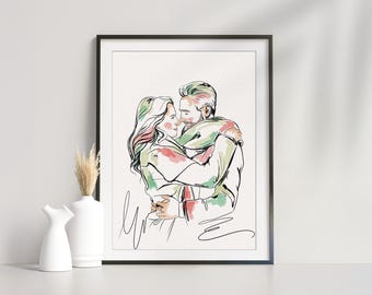 Aangepast portret koppel, minimalistische lijntekeningen, jubileumcadeau voor haar