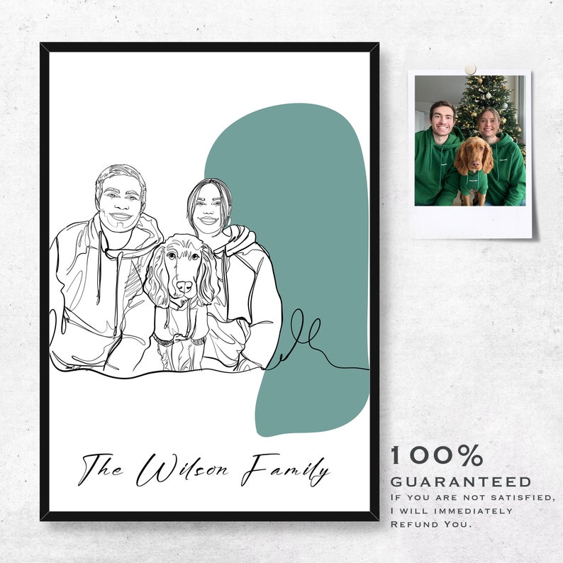 Custom Family Line Drawing With Pet, Line Art, Cartoon Portrait From Photo, Personalized Gift For Family image 2