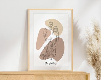 May include: Line art illustration of a couple and their dog. The couple is standing together, with the dog sitting in front of them. The illustration is in black and white, with a brown and beige background. The text "The Smith's" is at the bottom of the illustration.