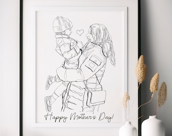 Dessin au trait de famille personnalisé à partir d'une photo, cadeau personnalisé pour la fête des mères, cadeau de grand-mère personnalisé, un dessin au trait