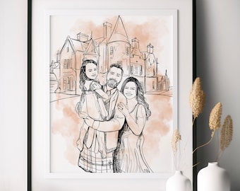 Personalized Watercolor Line Art Family Portrait: Custom Photo Gift, Custom Digital Drawing