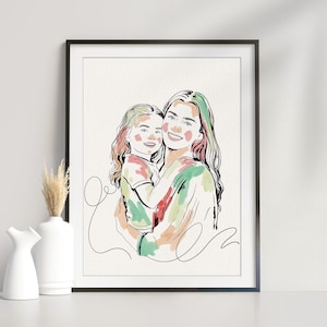 Disegno personalizzato, ritratto di famiglia, regalo personalizzato per lei, regalo per la festa della mamma, disegno a una linea, illustrazione personalizzata, regalo per la mamma