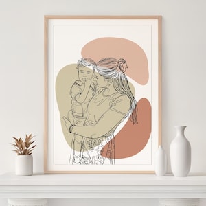 Ritratto personalizzato con disegno a tratteggio, regalo per la prima festa della mamma, regalo personalizzato per la mamma, regalo per neomamme, regalo personalizzato per la nonna, illustrazione di famiglia
