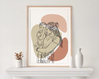 Custom Family Line Art Portrait, First Mother's Day Gift, Drawing from Photo