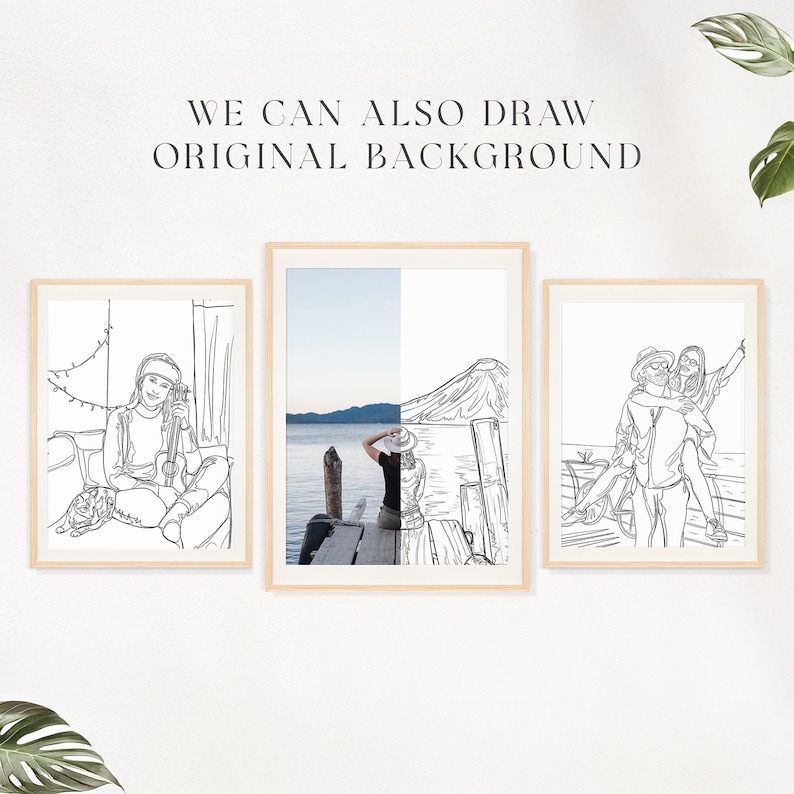 K&ouml;nnte beinhalten: Drei gerahmte Kunstdrucke mit Strichzeichnungen. Der linke Druck zeigt eine Person mit einer Ukulele. Der mittlere Druck hat ein geteiltes Bild einer Person auf einem Dock und einer Landschaft. Der rechte Druck zeigt zwei Personen. Der Text oben lautet "WE CAN ALSO DRAW ORIGINAL BACKGROUND."
