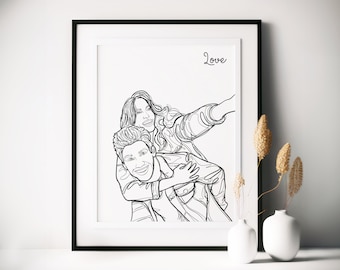 Dessin au trait de famille personnalisé à partir d'une photo, cadeau de fête des mères personnalisé, cadeau de grand-mère personnalisé, poster portrait personnalisé