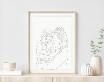 Benutzerdefinierte Line Art Portrait: Personalisiertes Muttertagsgeschenk für Mama, Zeichnung vom Foto