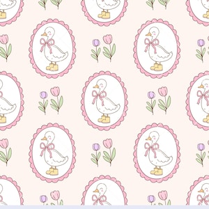 Puede incluir: Patrón sin costuras con patos de dibujos animados en marcos ovalados rosas, con lazos y botas, intercalados con tulipanes. El fondo es de color beige claro. El texto "SEAMLESS PATTERN" está en la parte inferior.