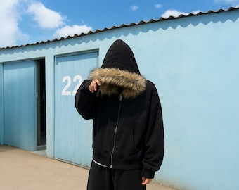 Y2K Goth Zip-up Hoodie: Unisex Black Faux Fur Grunge Jacket - Etsy