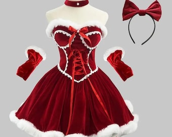 Red Velvet Christmas Santa Dress with Cape – Cosplay Costume
