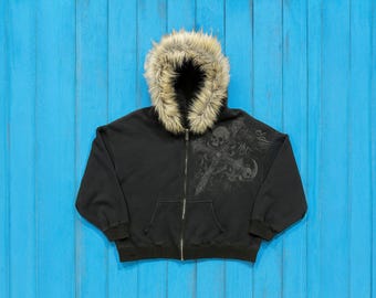 Y2K Zip-up Hoodie: Unisex Black Faux Fur Grunge Jacket - Etsy