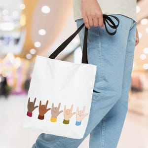 Sign Language ILY Tote Bag - Inclusive Skin Tones, ASL I Love You, Daily Use Interpreting Bag, Hand Sign Tote, Deaf Awareness Gift