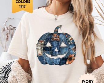 Comfort Colors Denim Patchwork Pompoenshirt, Halloween Pompoen T-shirt, Pompoenseizoen T-shirt, Denim Halloweenshirt, Bloemen Herfstshirt