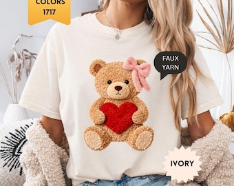 Comfort Colors® Faux Yarn Teddy Bear Shirt, Valentine's Day Gift, Not Embroidery